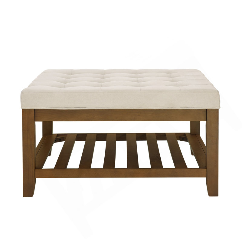Grande table basse avec repose-pieds carré en lin capitonné avec tablette et cadre en bois de hêtre, repose-pieds surdimensionné pour salon, bureau, chambre à coucher, extérieur IVOIRE
