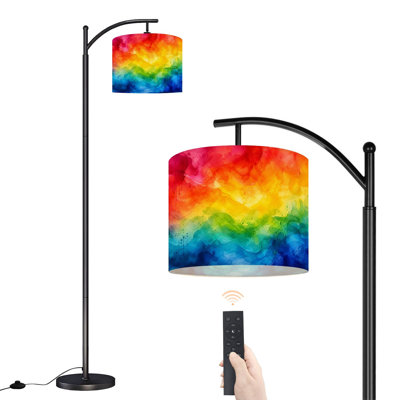 Dimmable LED Arc Standing Floor Lamp Vibrant Rainbow Watercolor Abstract Patterns, Height Adjustable Lamp Shade with Remote Controller, for Living Room Bedroom Office
