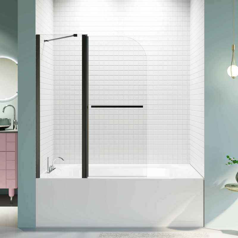 Frameless Folding Pivot Bathtub Door, 1/4" (6Mm) Thick Sgcc Clear Tempered Glass Door, Bathroom Pivot Bifold Shower Tub Door Panel, Reversible Installation