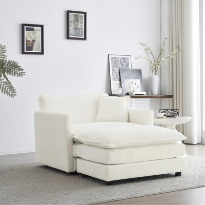 Fauteuil moderne blanc avec revêtement en chenille - pour le salon et la chambre à coucher, chambre à coucher rembourrée avec base en bois massif, fabrication