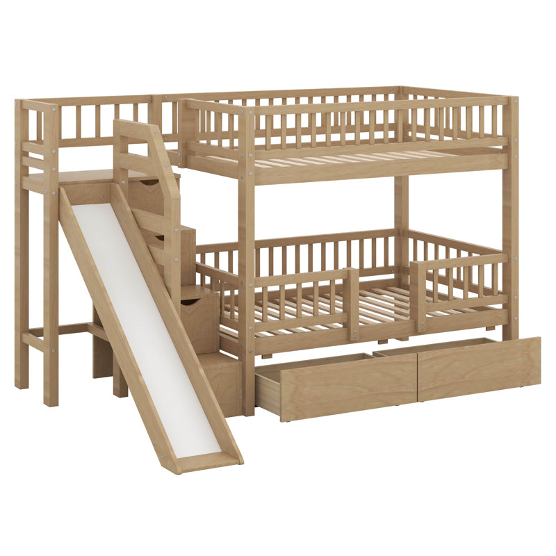 Lit superposé simple au-dessus de simple avec escalier et glissières, lits superposés en bois massif avec tiroirs de rangement