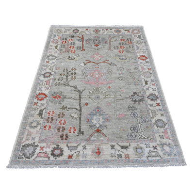 Tapis oriental gris 4 pi 5 po x 6 pi, motif angus afghan Oushak avec motif intégral, teint à la main, teinture végétale, 100% laine