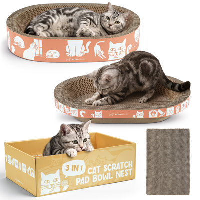 3-Piece Cardboard Cat Scratcher Set, Corrugated Scratch Pad with Lounge Box and Oval Scratcher Beds, Durable & Long-Lasting Cat Scratch Furniture Protector for Indoor Cats Rest & Play