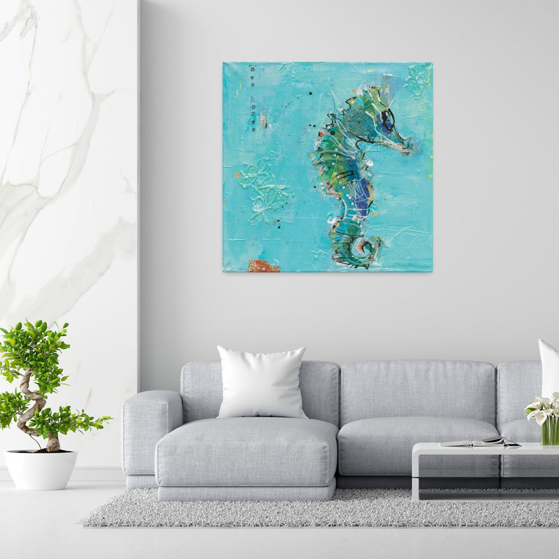 Petit hippocampe bleu, cheval de mer, art côtier, H 48 po x l 48 po