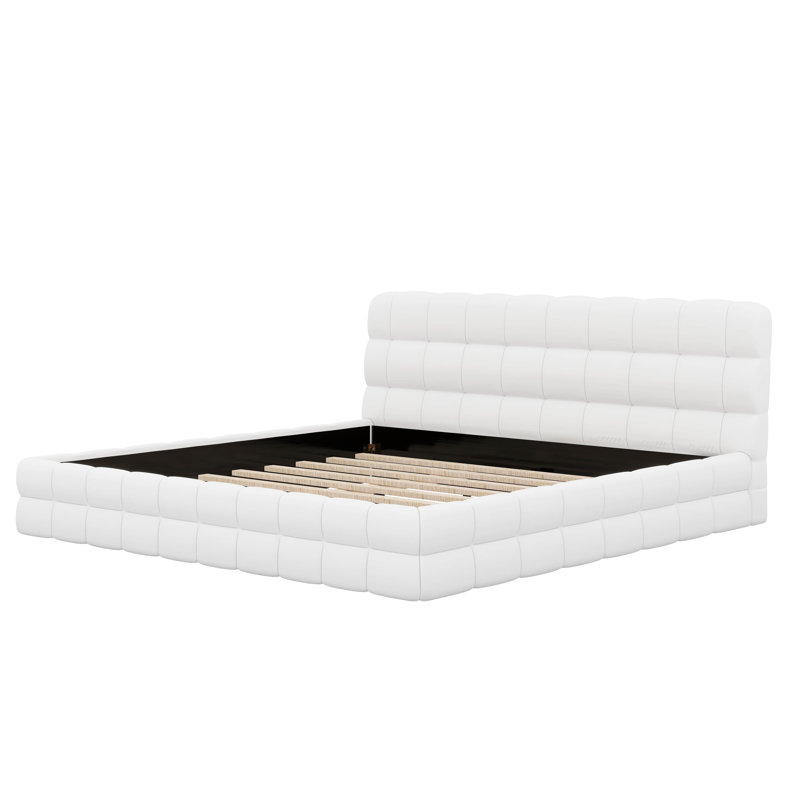 Très grande base de lit plateforme tapissier en molleton berbère avec tête de lit épaisse, structure de lit plateforme avec capitonnage à carreaux