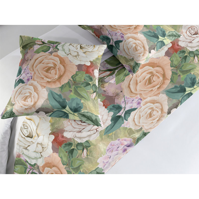 Ambesonne Floral Design Bed Runner Set Nostalgic Rose Art Peacock Green Champagne, King