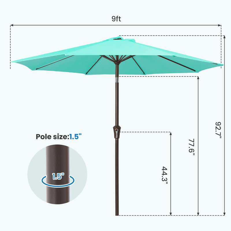 Parasol de marché d'extérieur 9 pi avec inclinaison et manivelle, Bleu paon