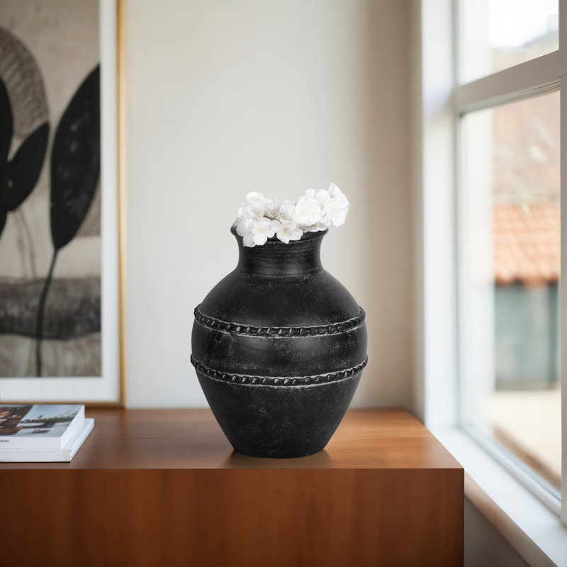 Vase en terre cuite Traditional, H 14 po x l 11 po x P 11 po, Noir