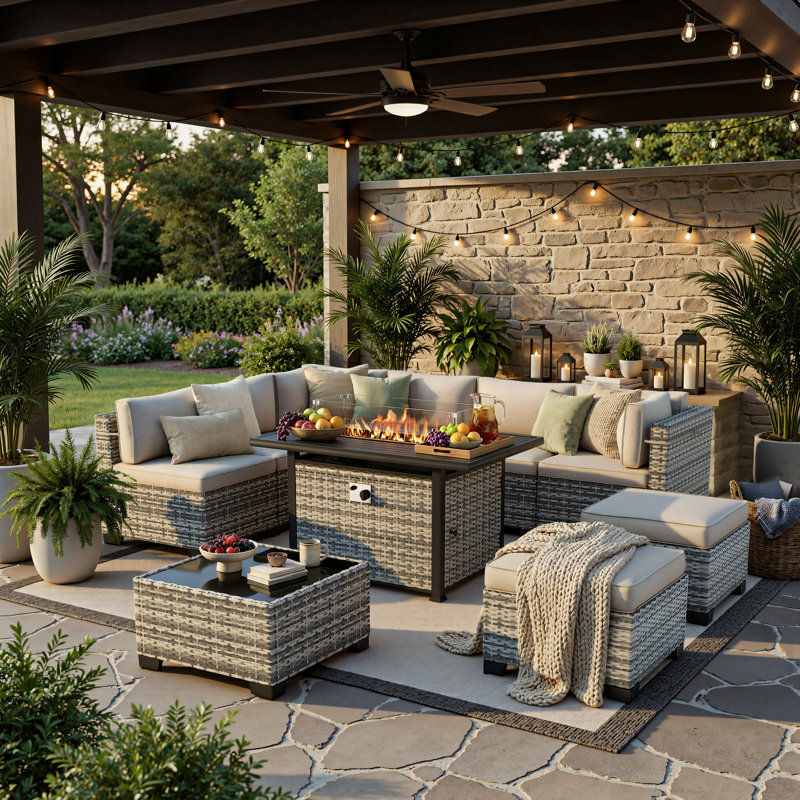10-Piece Outdoor Patio Conversation Set With 55,000 BTU Propane Fire Pit Table, Wicker Sectional Sofa, 2 Ottomans & Coffee Table