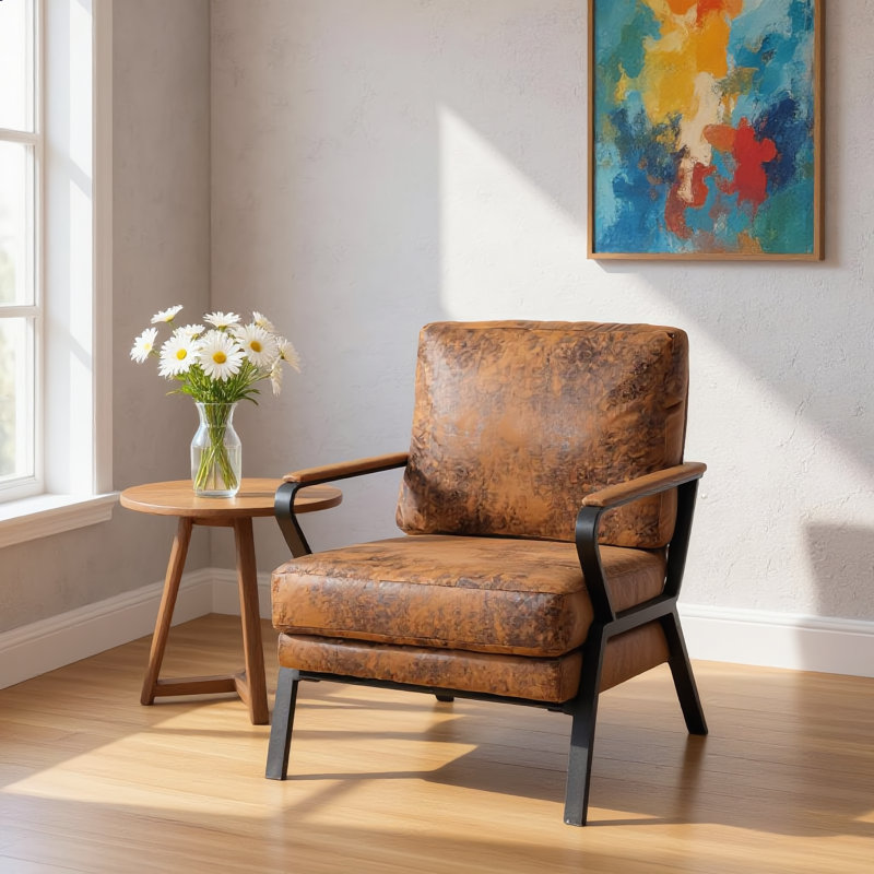 Fauteuil brun rembourré mi-moderne avec support en fer et siège épais pour espace de lecture