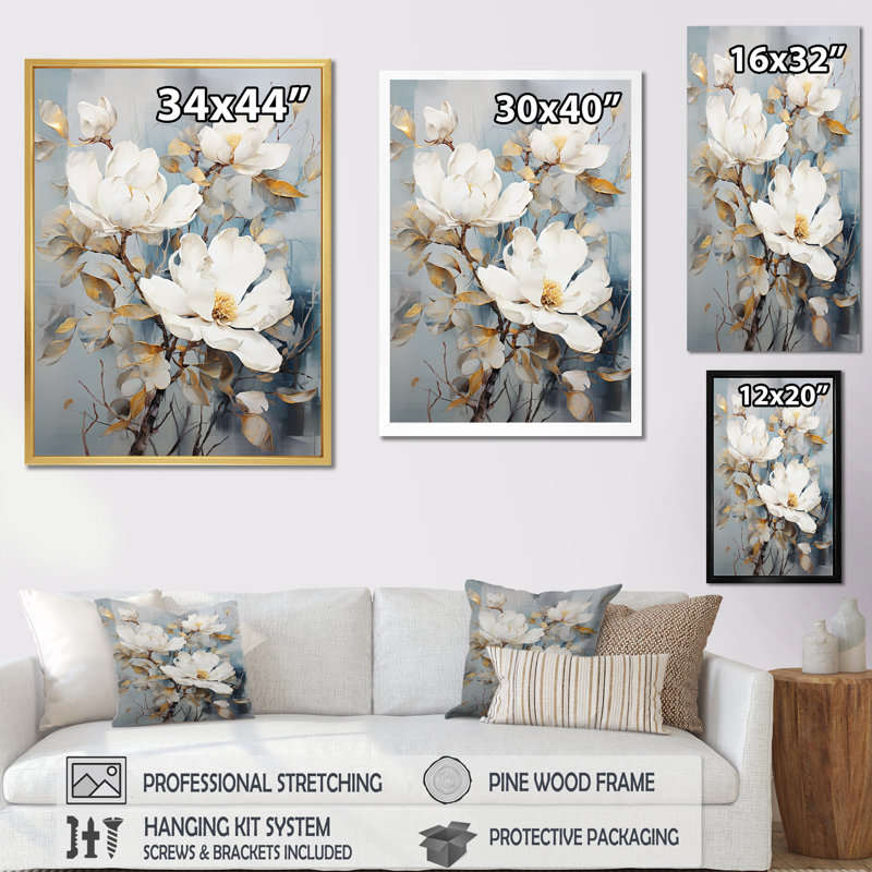 Minimalisme Magnolias sur toile, Cadre simple argenté, H 44 po x l 34 po x P 1,5 po