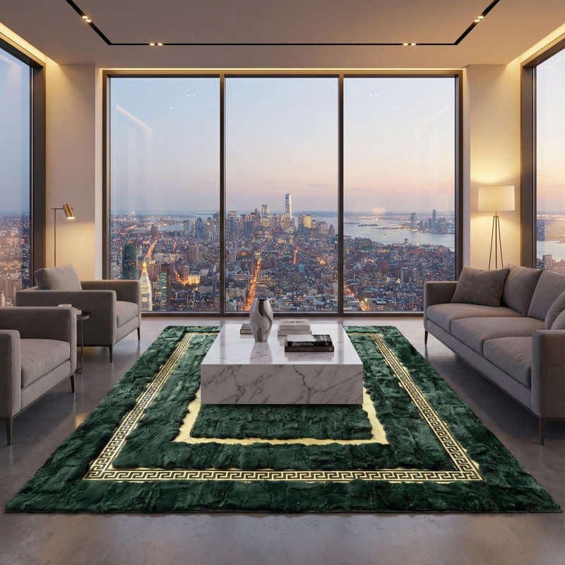 Green And Gold Rabbit Fur Rug, Emerald Green Area Rug,, Rectangle 8'10" x 12'