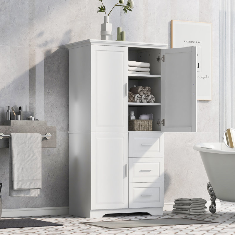 Armoire de rangement haute et large avec portes - Trois tiroirs, blanc, pour salle de bain et bureau - Mobilier de rangement de bureau de salle de bain