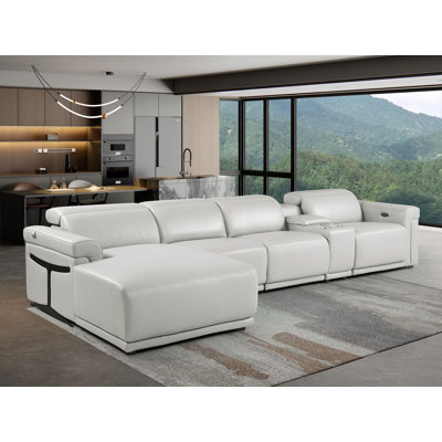 Light Gray Right-Facing 5-Piece L-Shaped Sectional In Top-Grain Italian Leather With 1 Power Recliner & Adjustable Headrests