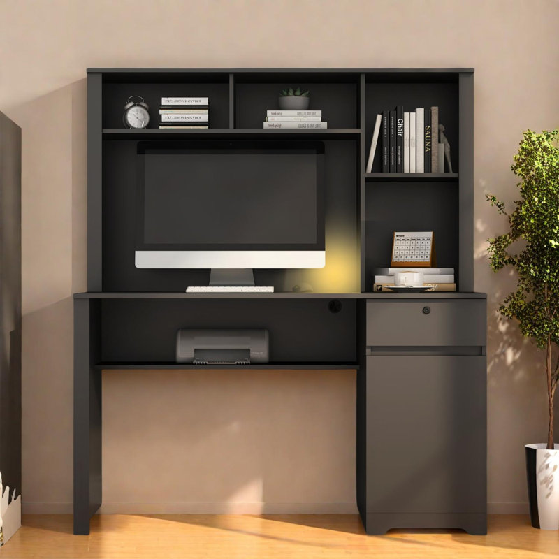 Bureau d'ordinateur avec huche, bibliothèque et ports de chargement Pelo, Noir