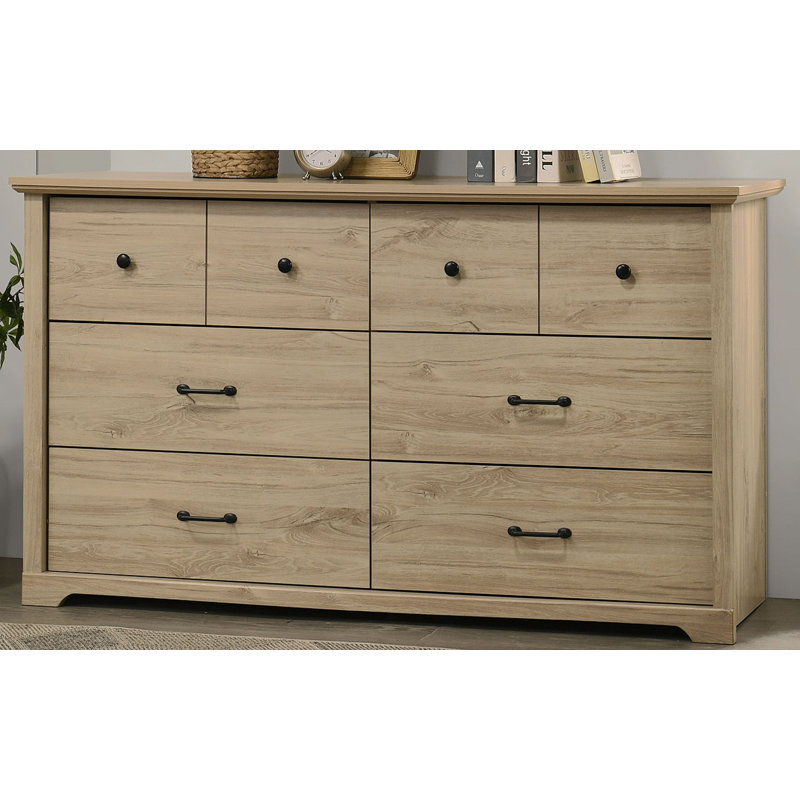 Commode 6 tiroirs avec poignées noires Elettra, Chêne clair