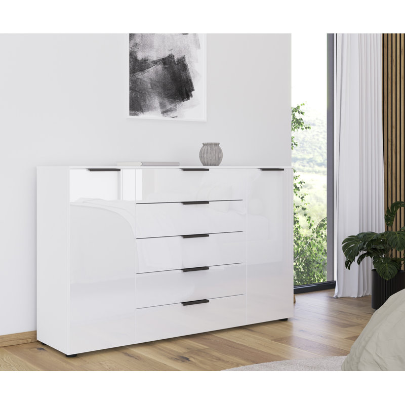 Flipp 5 - Drawer Chest of Drawers, Alpine White/White Glass/Graphite