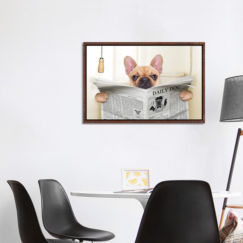 Dog On Toilet Seat Reading Newspaper V by Damedeeso - Print on Canvas, Classic Brown Wood Framed