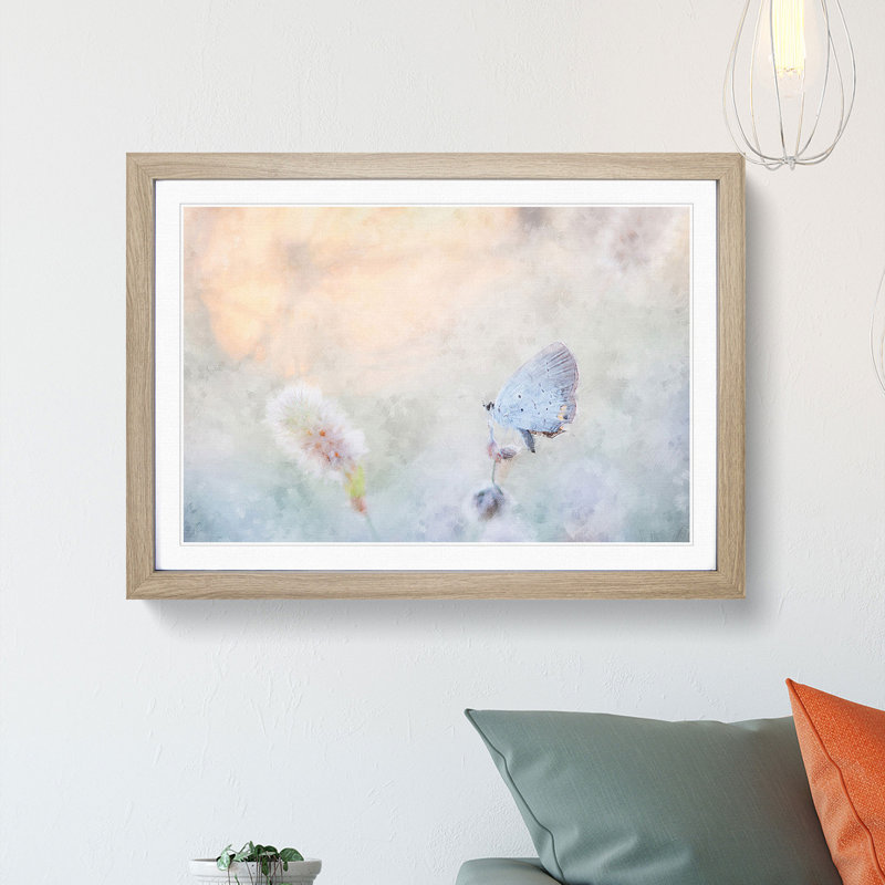 Tailed-Blue Butterfly - Picture Frame Painting Print, 24cm H x 33cm W x 2cm D, Oak Framed