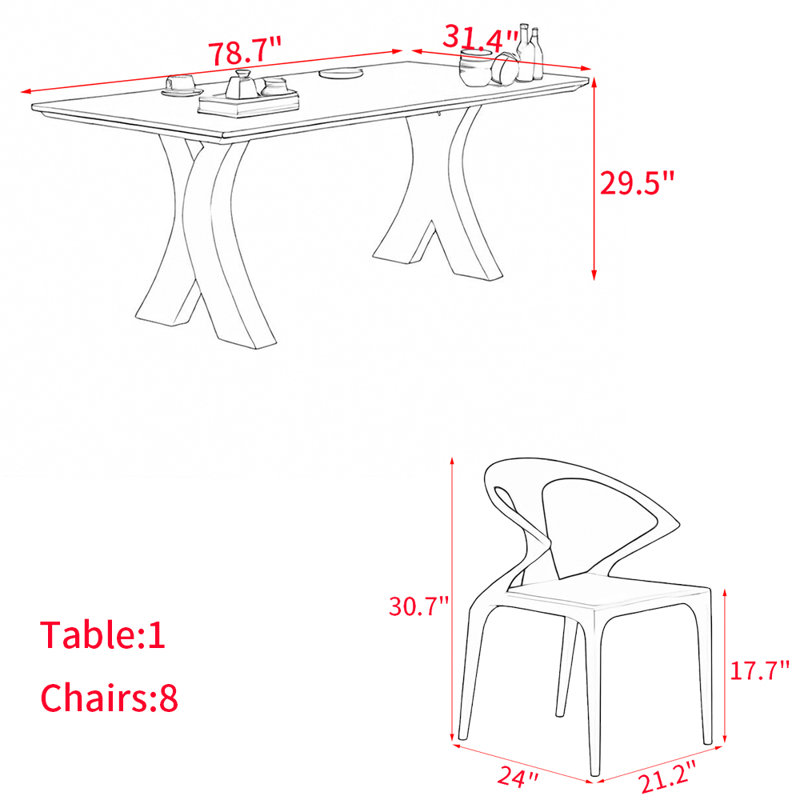 Nordic style solid wood dining table set, 29.5"H x 78.7"L x 31.4"W
