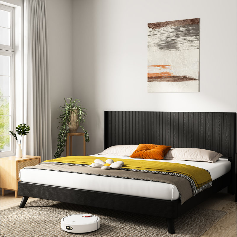 Grande tête de lit en chêne noir de 64,4 po de largeur pour grand lit, élément de design à oreilles cannelé mural moderne, caractéristique élégante et contemporaine, conception contemporaine en 3D, tête de lit à assemblage rapide et robuste