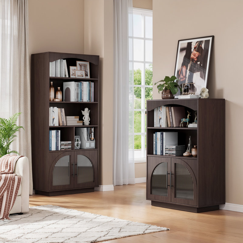70" Bookshelf And Bookcase, Tall Bookcase With Glass Door, 5 Tier Mid-century Book Shelves W/ Deep Storage Cabinet And Adjustable Shelves, Wood Standing Tall Book Shelf For Home Office Kitchen
