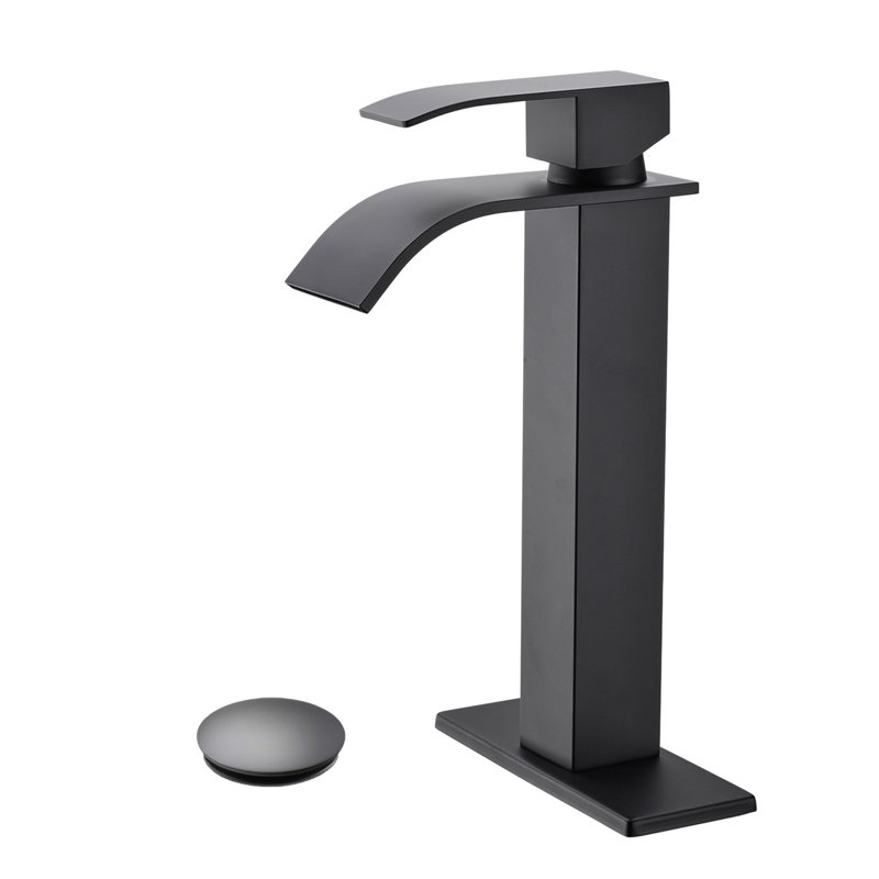 Robinet de lavabo de salle de bain à poignée simple avec bonde escamotable Waterfall, Noir mat
