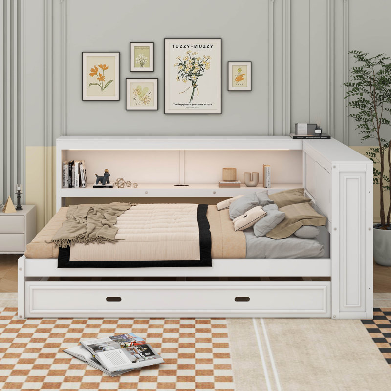 Full Size Wood Daybed With Shelves, USB, LED, And Trundle, White