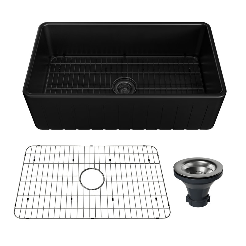 Single Bowl Fireclay Kitchen Sink, 33" L x 18" W x 10 " D, Black 1