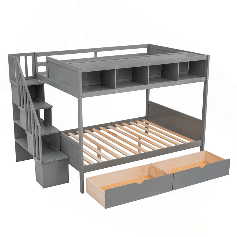 Lit superposé simple au-dessus de double avec tablettes, escalier de rangement et 2 tiroirs de rangement, Grey