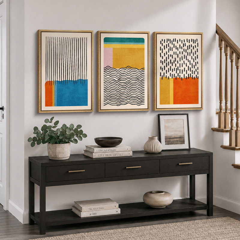 «Abstract Vibrant Color Blocks», œuvre d'art moderne de style Mid-Century, images murales multicolores géométriques, ensemble de 3 impressions sur toile encadrées