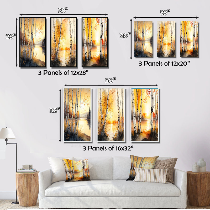 «Yellow Birches By The Lakeside», 3 pièces, Cadre flottant doré, H 32 po x l 48 po