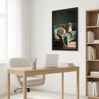 Art mural sur toile noir encadré pour le salon, la chambre à coucher, le bureau ou le vestibule - Décoration murale décorative avec canapé léopard