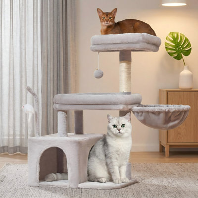 Tour pour chat 32,2 po pour chats d'intérieur, maisonnette pour chat avec grand perchoir, grotte pour chat spacieuse, poteaux à griffer pour petits et moyens chats, gris clair