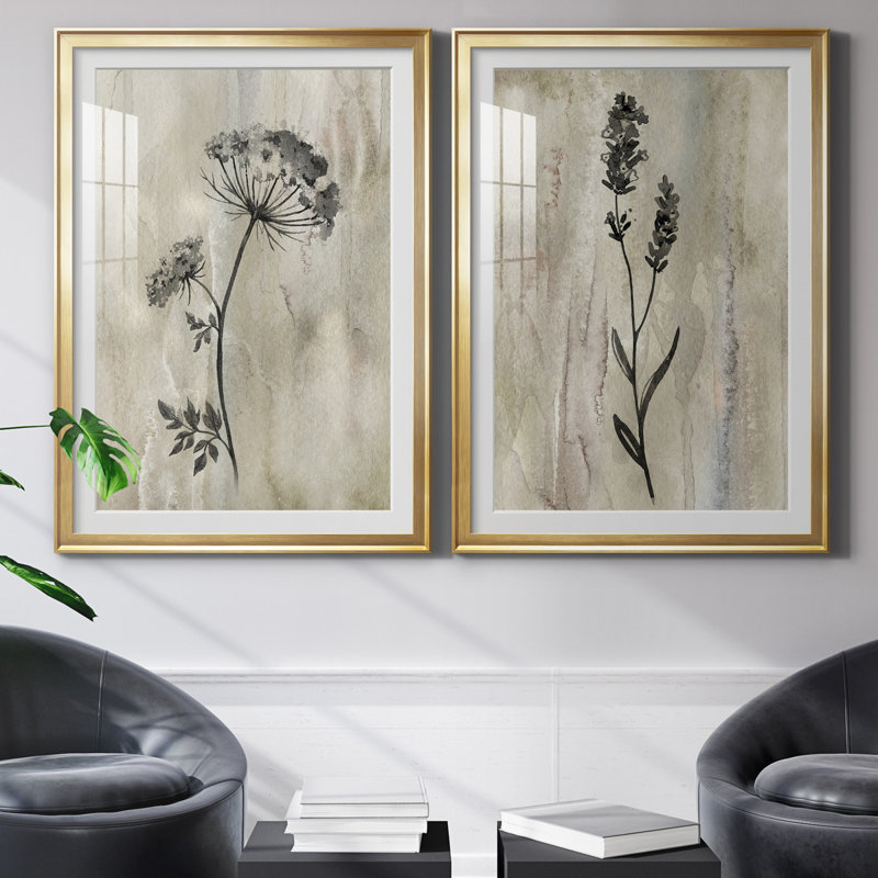 Sumi-e Silhouette I - Matted and Framed Under Acrylic Glass, Set of 2, Large Living Room Wall Art, 26.5" H x 73" W, Gold