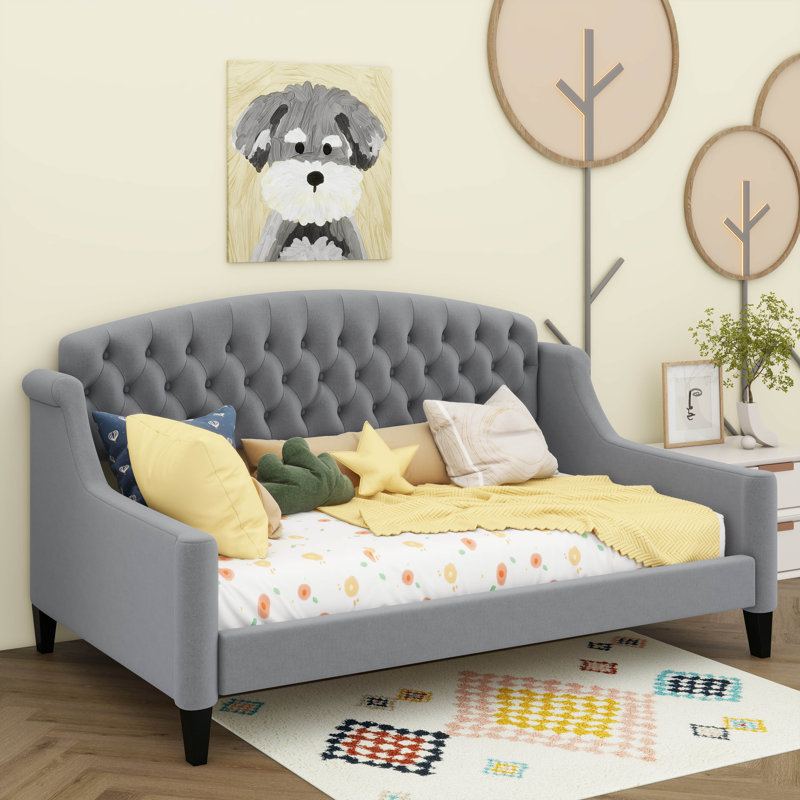 Lit de jour simple élégant avec accents capitonnés, Gris