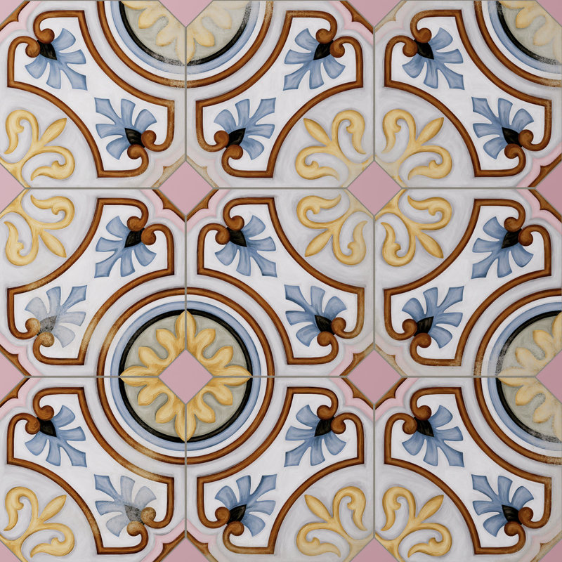 Vaudeville Octagon Deco Diglas W/Taco 7-7/8 In. X 7-7/8 In. Porcelain Floor And Wall Tile, Yellow/Blue/Brown/Pink
