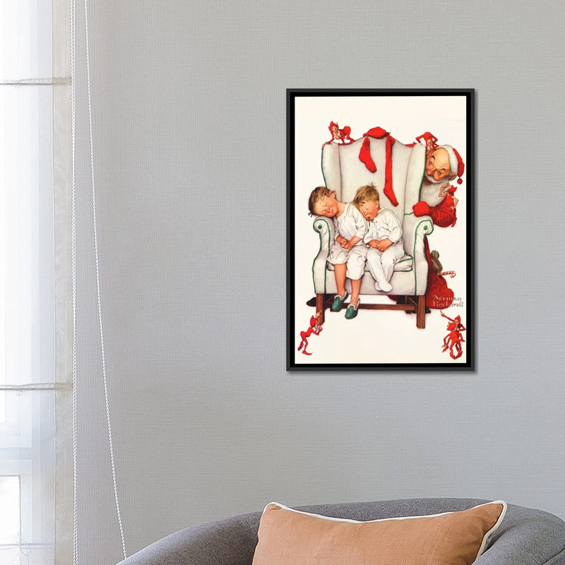 Père Noël regardant deux enfants endormis par Norman Rockwell - reproduction, H 26 po x l 18 po x P 1,5 po, Pas de tapis