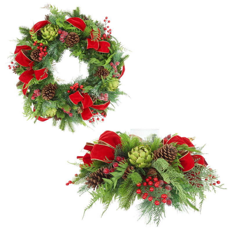 Porte-bougie de Noël et bougie de Noël 26 "avec artichauts, baies et arcs