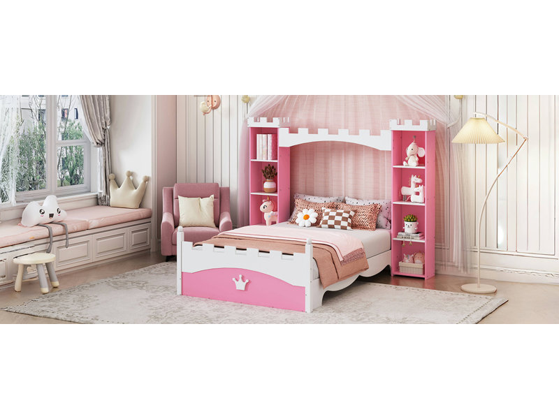 Lit en bois en forme de château avec tablette de rangement, lit plateforme de taille Dreamy pour chambre d'enfant,