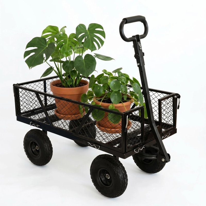 Chariot de jardin en acier robuste, chariot de jardin de capacité de charge de 950 lb avec pneu de 10 pouces et poignée rotative à 180 °