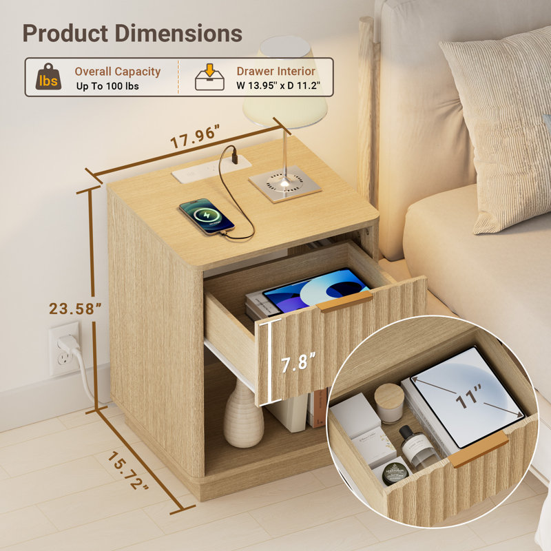 Seyla 18''W Fluted 1-Drawer Nightstand with Open Cubby, Wood Nightstand with Built-In Charging Outlets