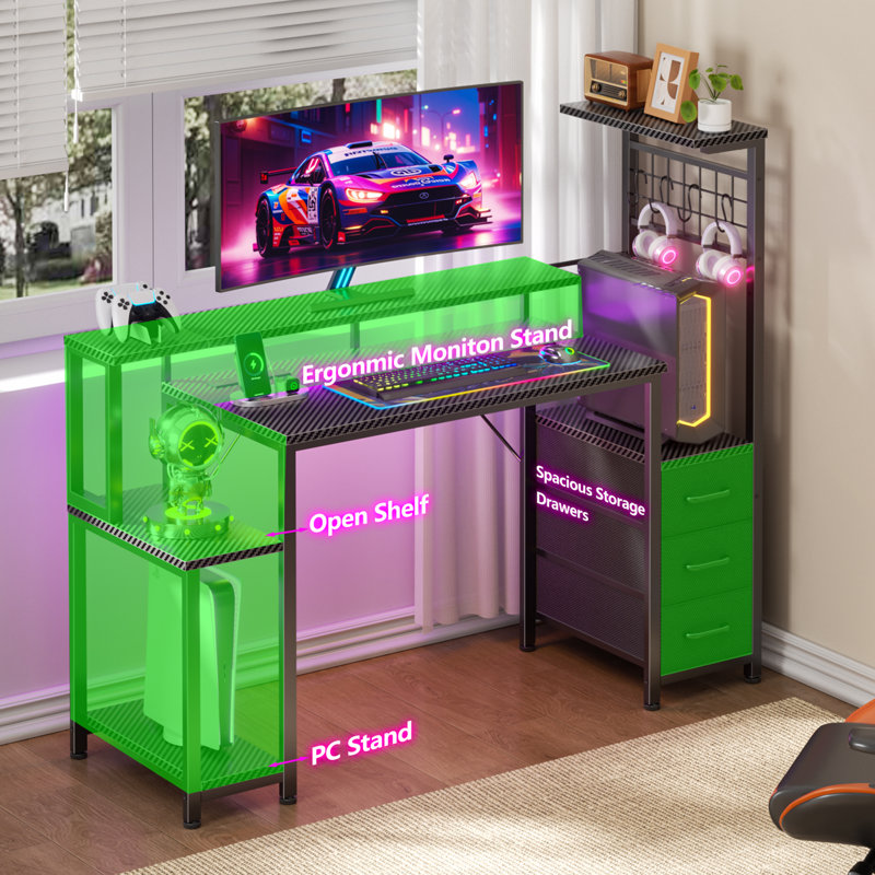 48"W Gaming Desk With Recessed Power Outlets,computer Desk With 3-tier Fabric Drawers, Gaming Desk With Cpu Stand And Led Lights,home Office Desk With Spacious Storage Shelf And Versatile Hooks