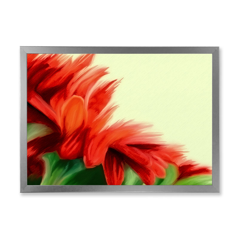 Floral rouge sur vert - peinture sur toile, H 30 po x l 40 po x 1,5 po, Cadre photo argenté
