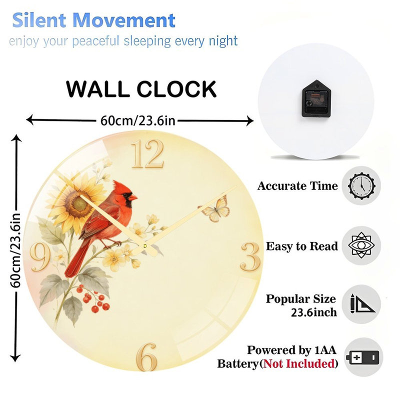 Horloge murale moderne en verre de 24 pouces, motif cardinal (2)