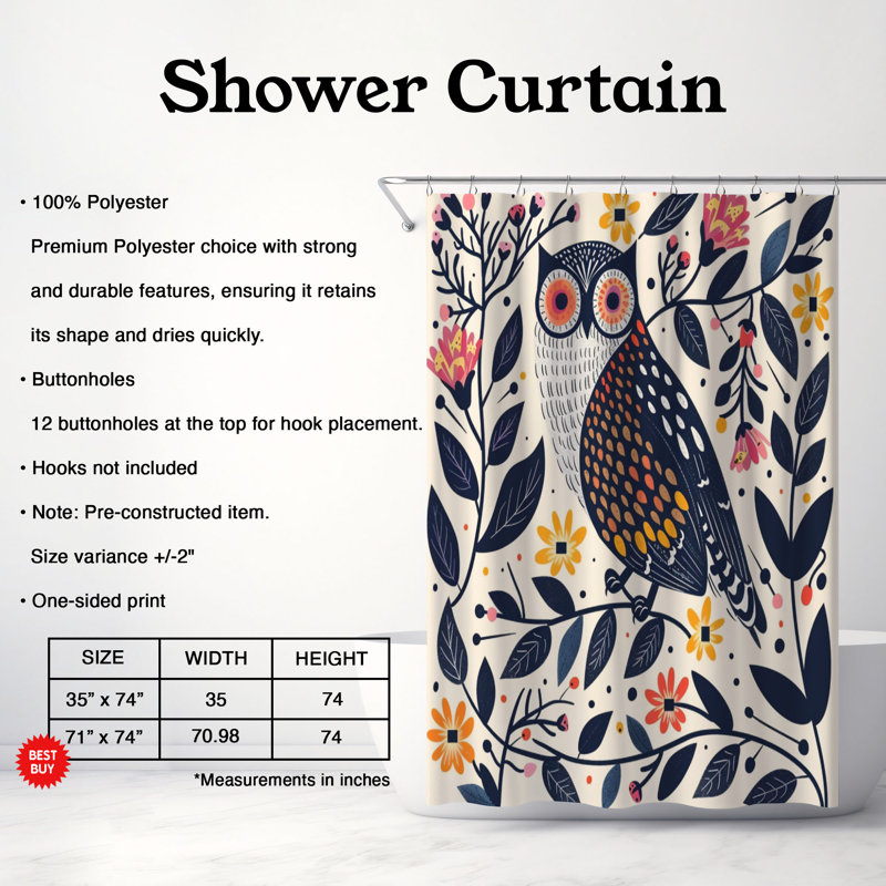 Rideau de douche standard 1 pièce Fall Owl, H 74 po x l 71 po