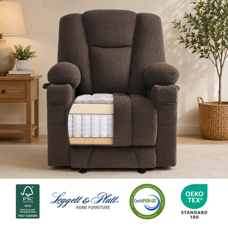 Fabric Electric Power Recliner Chair with Heat and Massage, USB Charge Ports, Extended Footrest, Brown Polyester Blend