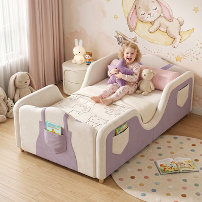 Lit rembourré pour tout-petits avec 6 poches de rangement, lit d'enfant pour lit de bébé avec garde-corps rembourrés doux, lit de transition à profil bas pour garçons et filles, 4 couleurs disponibles
