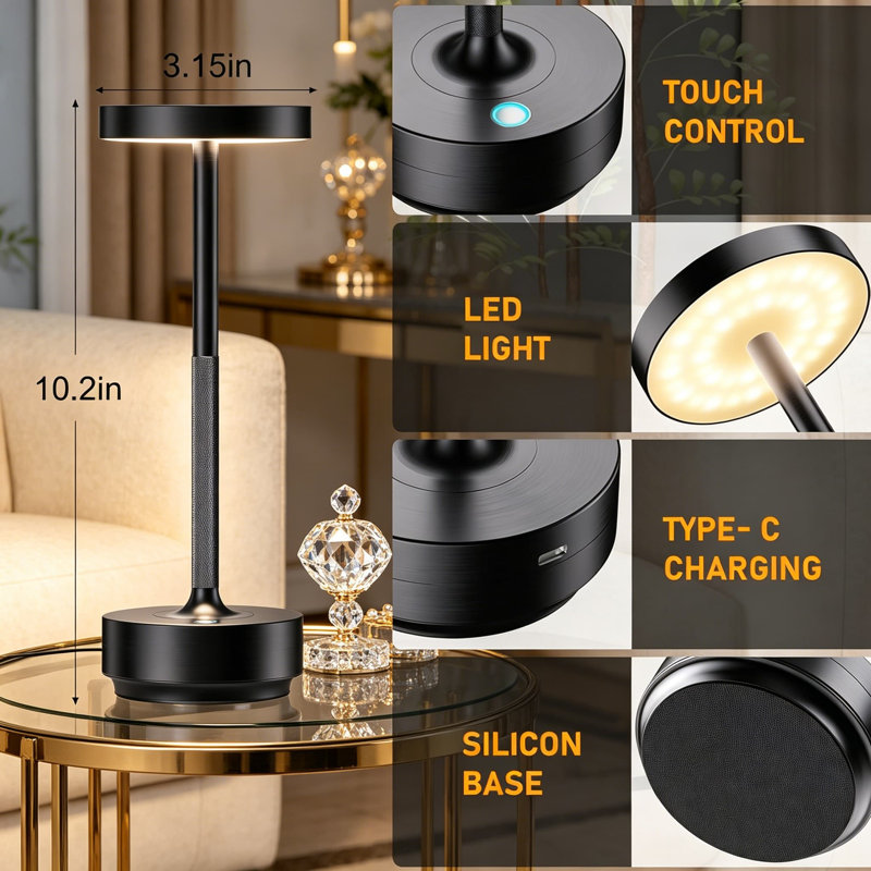 Lampe de table rechargeable sans fil avec 3 températures de couleur et gradation continue - Lumière portative imperméable IP54 à DEL pour l'extérieur, l'intérieur, le camping et le patio