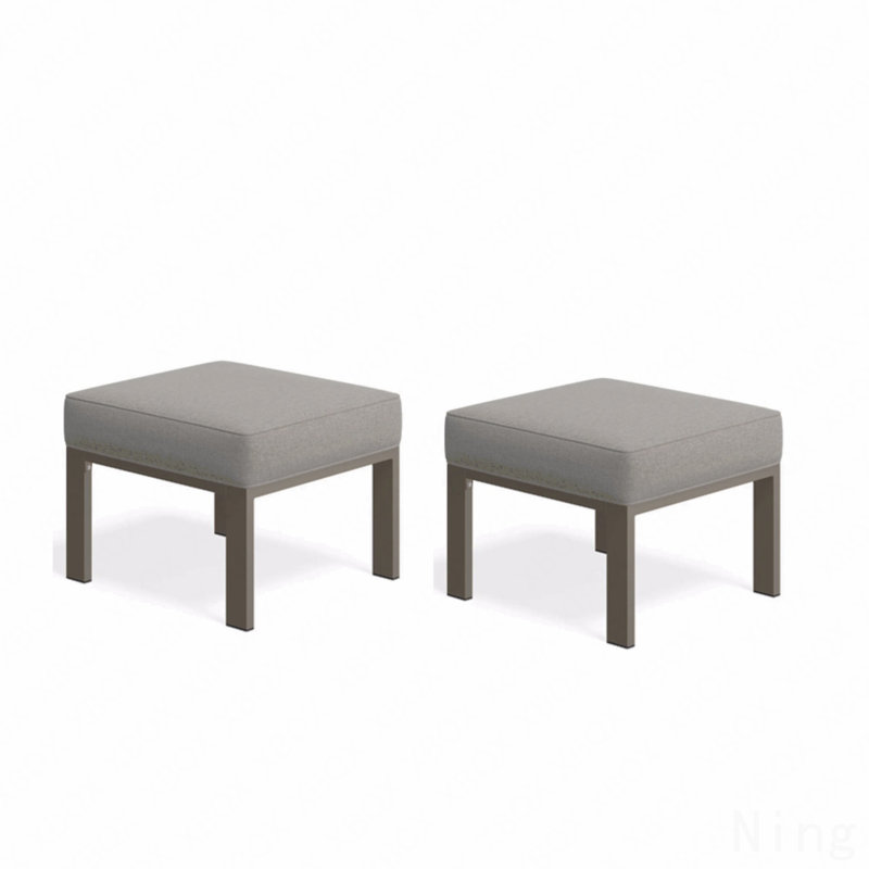 Set Of 2,  22” All-Weather Metal Patio Ottomans Thick Beige Cushions & Khaki Frame, Beige, Khaki